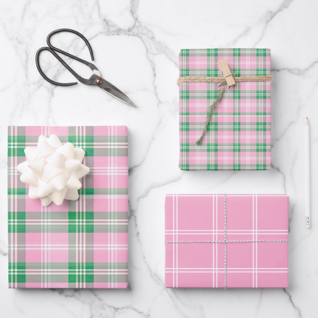 Hoja De Papel De Regalo Rosa y Placa Verde Preppy (Anverso)