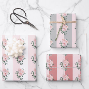Hoja De Papel De Regalo Rosas Acuarela y Rayadas Claras