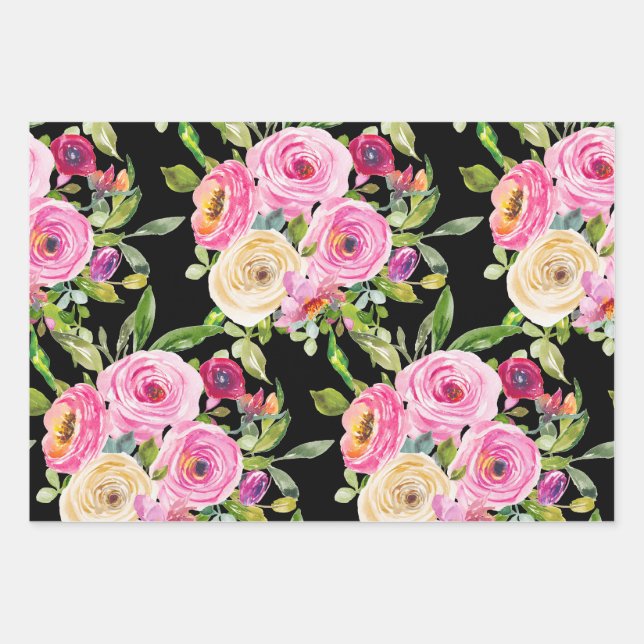 Hoja De Papel De Regalo Rosas acuarelas en rosa y crema en negro (Anverso)
