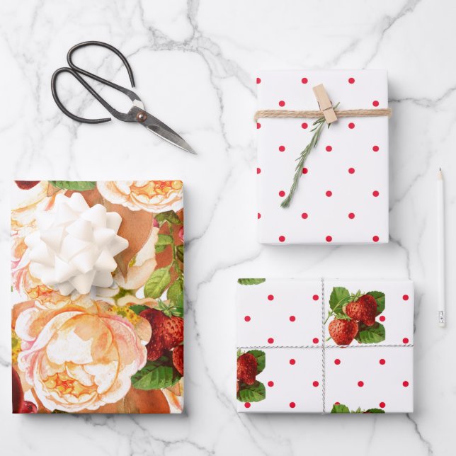 Hoja De Papel De Regalo Rosas acuáticos y fresas (Anverso)
