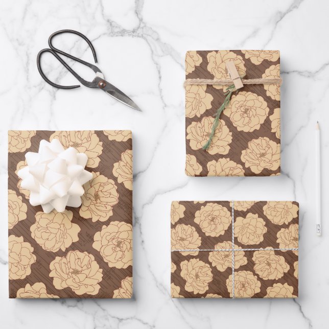 Hoja De Papel De Regalo Rosas barrocos de nogal marrón - sin costuras. (Anverso)