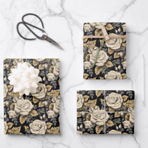 Hoja De Papel De Regalo Rosas Blancas Y Oro Deja Patrón Floral