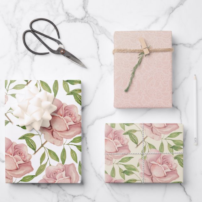 Hoja De Papel De Regalo Rosas de acuarela de Rubor Lilac (Anverso)