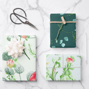 Hoja De Papel De Regalo Rosas de acuarela, eucalipto y follaje surtido