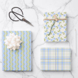Hoja De Papel De Regalo Rosas de Cottage, Tartán y Rayas en azul cielo
