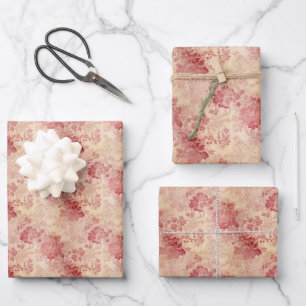 Hoja De Papel De Regalo Rosas de flores rojas de época y damasco de oro fa