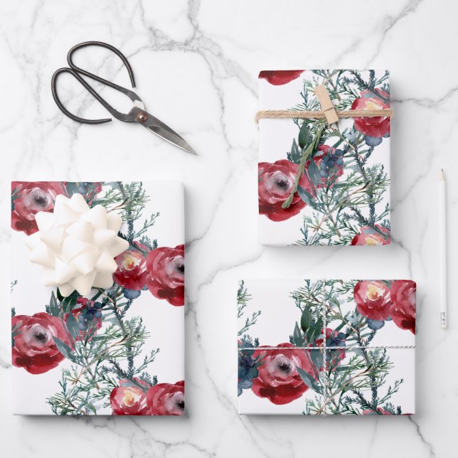 Hoja De Papel De Regalo Rosas de invierno Pine & Spruce Tree Greenery Trel (Anverso)