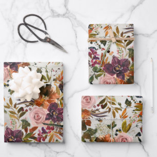 Hoja De Papel De Regalo Rosas de Rubor de otoño borgoña y floral de cobr