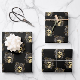 Hoja De Papel De Regalo Rosas del Purpurina de cráneo gótico negro y oro