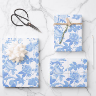 Hoja De Papel De Regalo Rosas Florales Blancas Azules Patrón Chinoiserie F