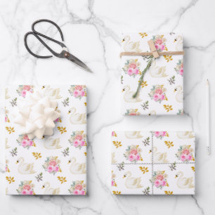 Hoja De Papel De Regalo Rosas Florales Rosa y Dorado de Cisne
