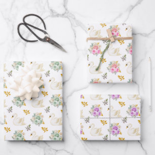 Hoja De Papel De Regalo Rosas florales verdes, rosadas, moradas y doradas 