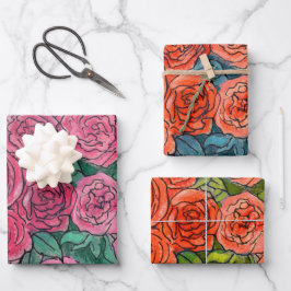 Hoja De Papel De Regalo Rosas Jardín Flores Esbozo Floral Rojo Rosa Verde