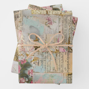 Hoja De Papel De Regalo Rosas Patrón de Collage antiguo