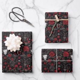 Hoja De Papel De Regalo Rosas Rojas Góticas y Calaveras