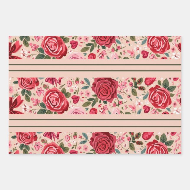 Hoja De Papel De Regalo Rosas rosadas con raya fina (Anverso)