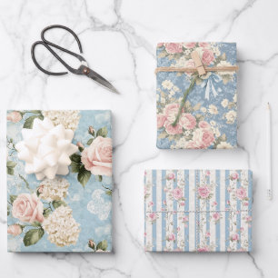 Hoja De Papel De Regalo Rosas rosadas pastel con follaje azul francés a ra