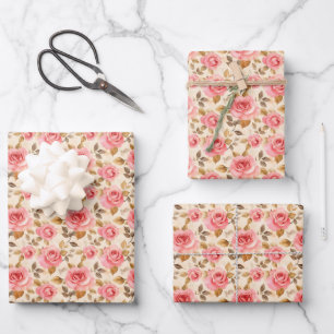 Hoja De Papel De Regalo Rosas rosadas sobre amarillo pálido