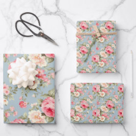 Hoja De Papel De Regalo Rosas Shabby Chic Pink y Blue Cottage