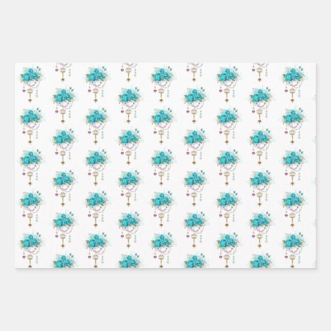 Hoja De Papel De Regalo Rosas turquesas con llaves (Anverso)