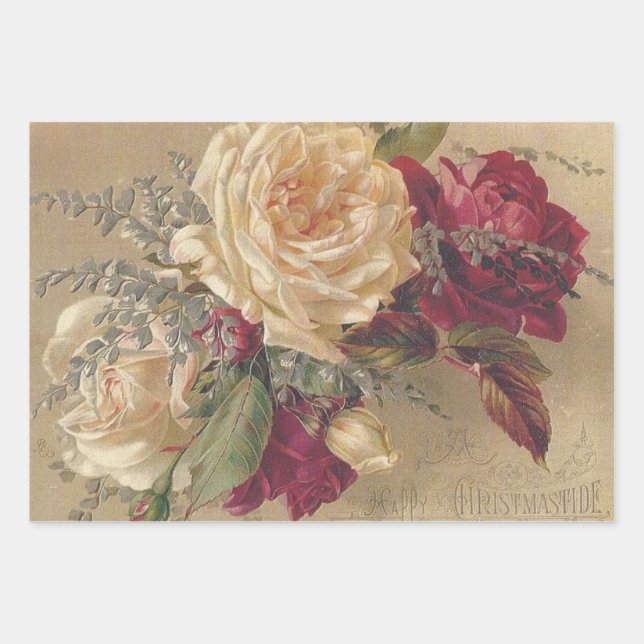 Hoja De Papel De Regalo Rosas Victorianas de Navidad (Anverso)