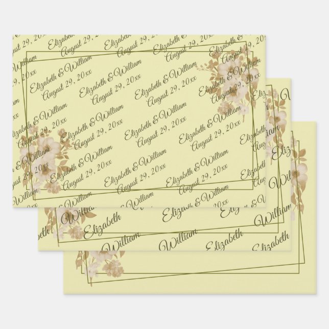 Hoja De Papel De Regalo Rose Frame – Monogram Celestial Yellow Wedding (Set)