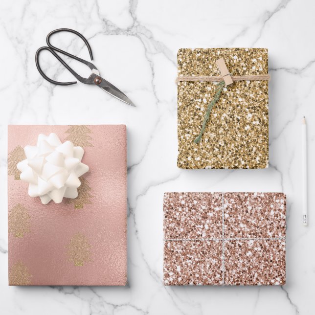 Hoja De Papel De Regalo Rose Gold Glitzy Glitter Christmas Tree    (Anverso)