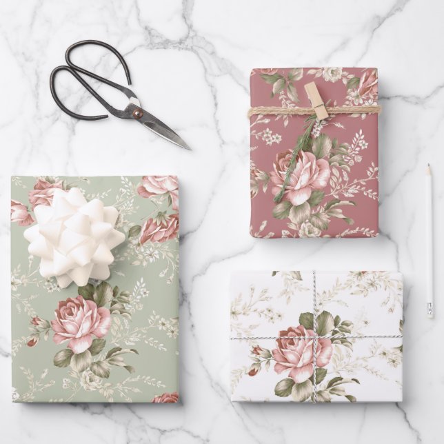 Hoja De Papel De Regalo Roses rosadas/ Blanco, sabio, fondo Rosa antiguo d (Anverso)