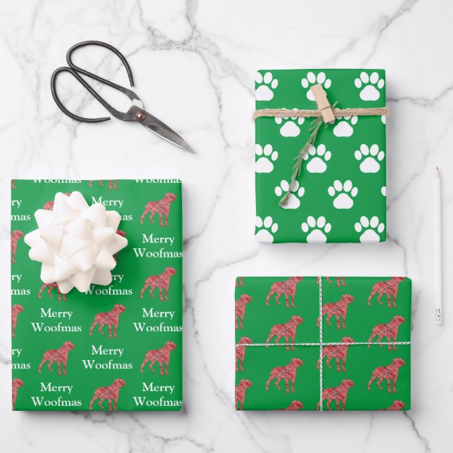 Hoja De Papel De Regalo Rottweiler Dog Silhouette Green Merry Woofmas (Anverso)