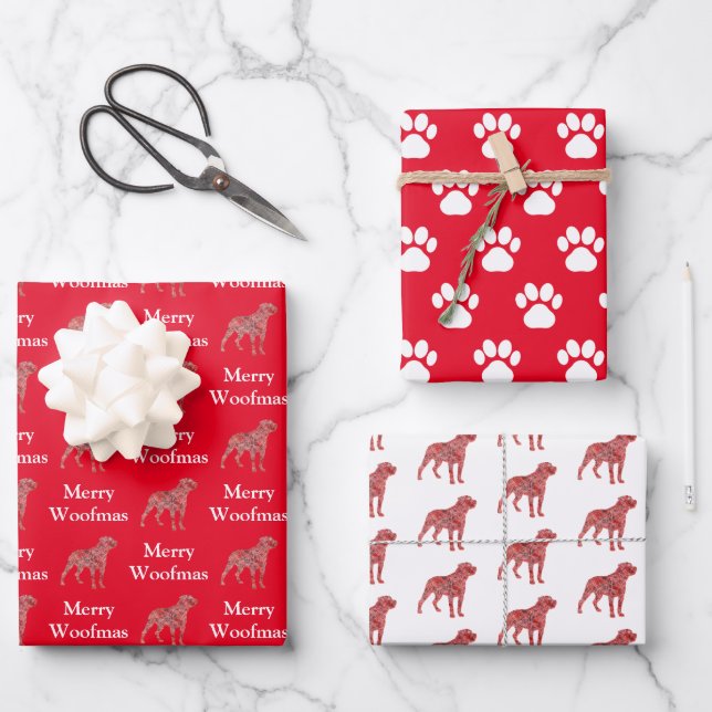 Hoja De Papel De Regalo Rottweiler Dog Silhouette Red Merry Woofmas (Anverso)