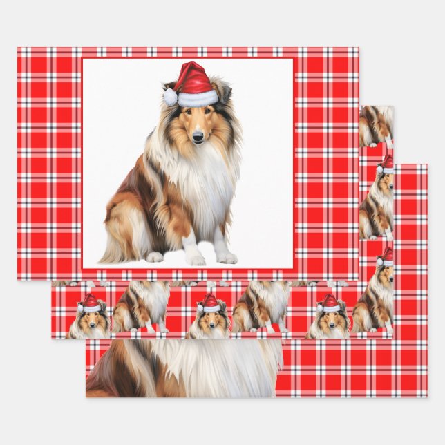 Hoja De Papel De Regalo Rough Collie Dog Red Plaid Navidades (Set)