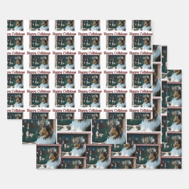 Hoja De Papel De Regalo Rough Collie Happy Collidays Navidades (Set)