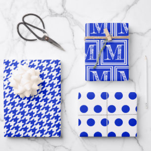 Hoja De Papel De Regalo Royal Blue Houndstoth Monogram Polka Dot