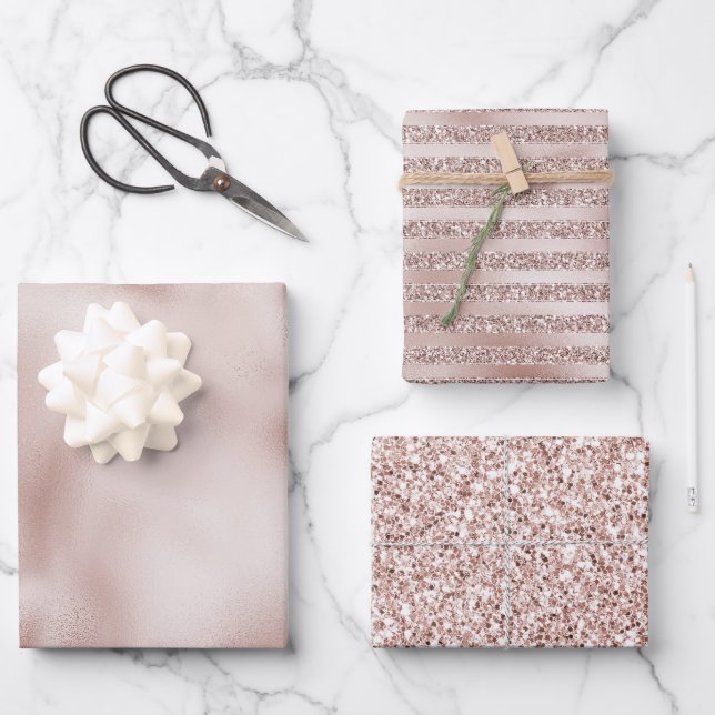 Hoja De Papel De Regalo Rubor Champagne Purpurina Rosa Glam Stripes       (Anverso)