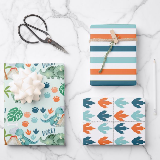 Hoja De Papel De Regalo Ruido de Dinosaurio T-Rex Triceratops Tracks Strip (Anverso)