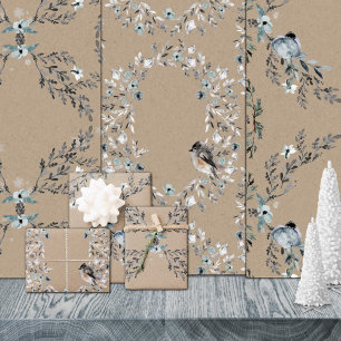 Hoja De Papel De Regalo Ruido Kraft Dusty Blue Winter Florals & Birds