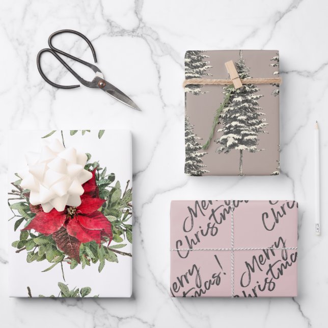 Hoja De Papel De Regalo Ruido Woodland Poinsettia Feliz Navidad (Anverso)
