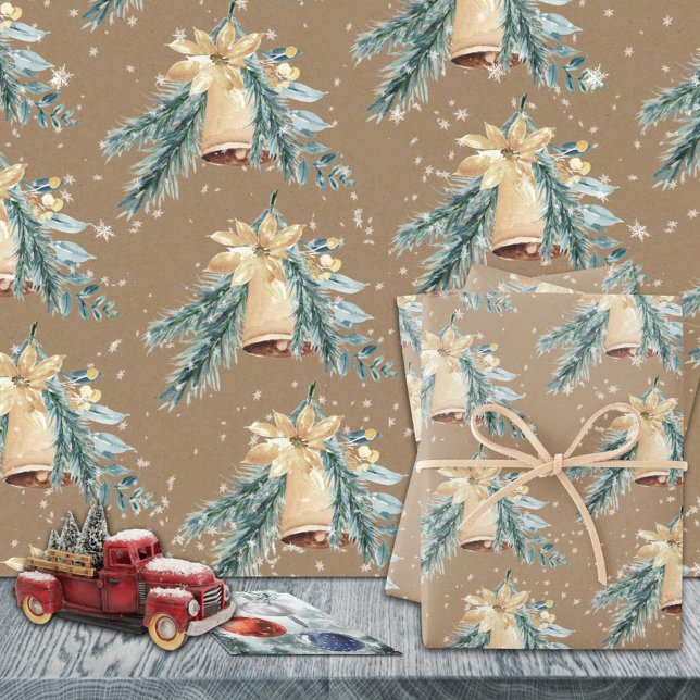 Hoja De Papel De Regalo Ruidosas campanas de Navidades dorados Kraft (Rustic Kraft Golden Christmas Bells Are Ringing Holiday Gift Wrapping Paper Sheets Trio)