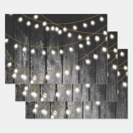 Hoja De Papel De Regalo Rustic Barn Black Wood Gold String Luces