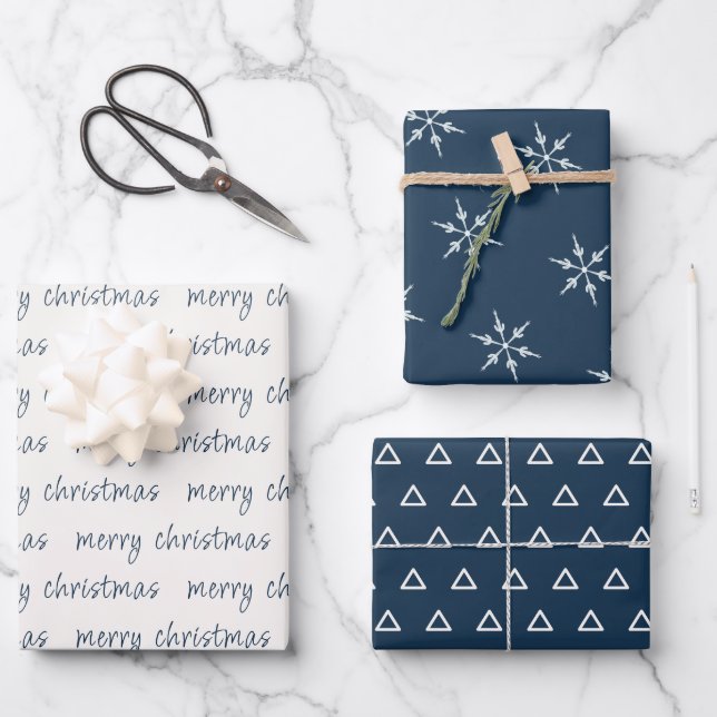 Hoja De Papel De Regalo Rustic Blue Ivory Merry Christmas Snflake (Anverso)
