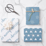 Hoja De Papel De Regalo Rustic Dusty Blue Merry Christmas<br><div class="desc">Conjunto rústico de tres hojas de papel de envoltura coordinadas en una polvorienta paleta de color azul y blanco. Uno tiene la Feliz Navidad escrita a mano en un moderno tipo de letra. El segundo presenta un patrón abstracto de árbol de Navidad y la tercera hoja tiene un patrón de...</div>