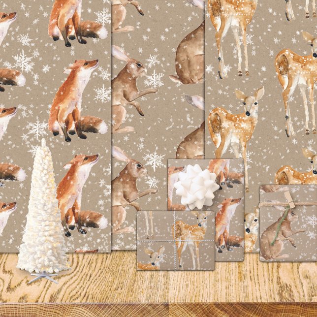 Hoja De Papel De Regalo Rustic Kraft Elegant Snowy Winter Animales (Rustic Kraft Elegant Winter Animals Red Fox Doe Deer Hare Christmas Holiday Wrapping Paper Rolls)