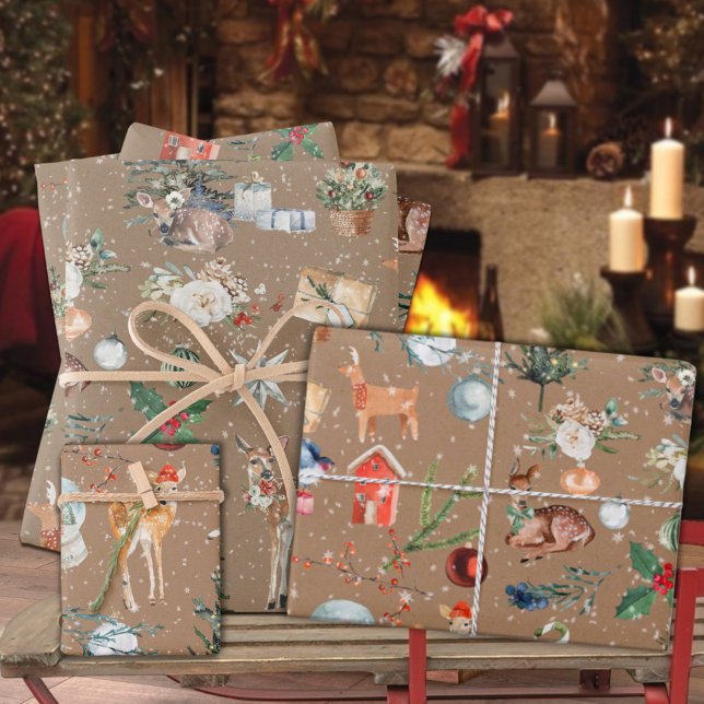 Hoja De Papel De Regalo Rustic Kraft Everything Navidades (Rustic Kraft Everything Christmas Holiday Gift Wrapping Paper Sheets Trio)