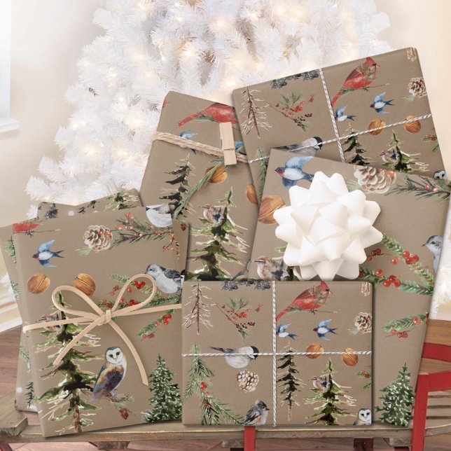 Hoja De Papel De Regalo Rustic Kraft Everything Woodland Winter Birds (Rustic Kraft Everything Winter Woodland Birds Christmas Holiday Gift Wrapping Paper Sheets Trio)