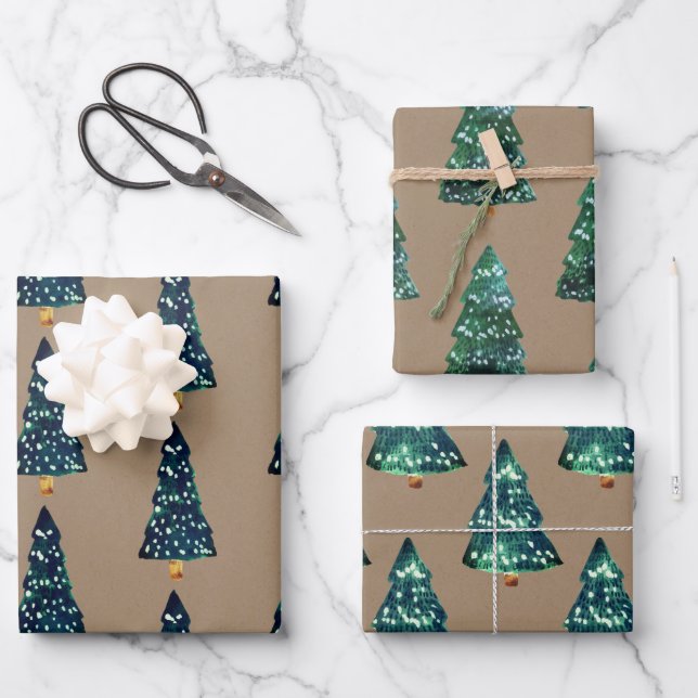 Hoja De Papel De Regalo Rustic Kraft Green enciende árboles de Navidad (Anverso)