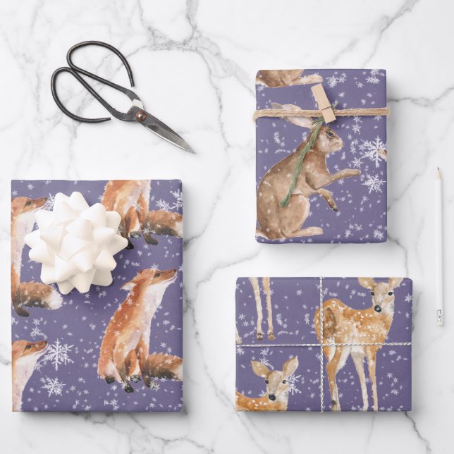 Hoja De Papel De Regalo Rustic Purple Grape Elegant Snowy Winter Animals (Anverso)