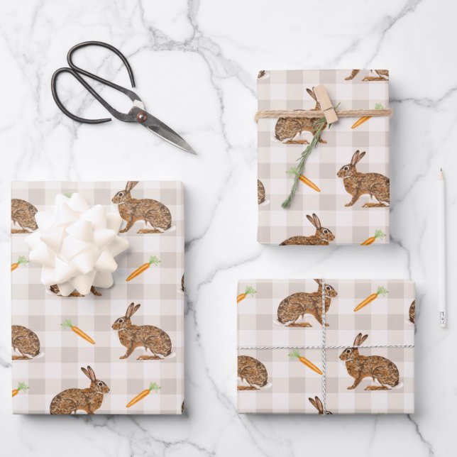 Hoja De Papel De Regalo Rustic Spring Hares And Carrots Beige Pattern (Anverso)