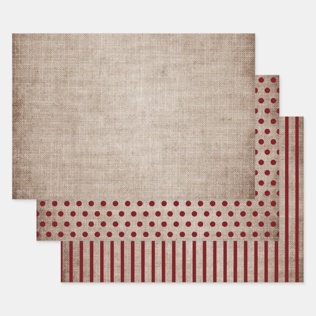 Hoja De Papel De Regalo Rústica Burlap Burgundy Polka puntos de rayas sóli (Set)