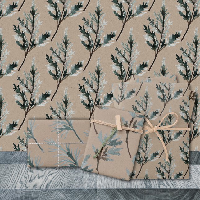 Hoja De Papel De Regalo Rústica ramas de árbol azul Kraft Silver Blue Spru (Rustic Kraft Silver Blue Spruce Tree Branches Gift Wrapping Paper Sheets Trio)