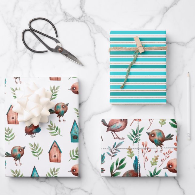 Hoja De Papel De Regalo Rústica y divertida Aves Casas Rayas (Anverso)